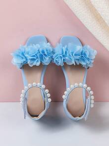 1 Pasang Sandal Putri Anak Perempuan Berhiaskan Berlian Imitasi dan Bunga, Hak Tebal, Ujung Terbuka, dengan Perekat Velcro, Cocok untuk Pertunjukan, Pemakaian Sehari-hari, dan Musim Panas - Baby Blue - View 3