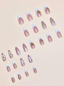 24pcs White French Elegant 3D Embossed Flower Shell & Pearl Acrylic Press-On Nails, Suitable For Daily Wear, Valentine's Day, Weddings And Parties, Includes 1pc Jelly Gel And 1pc Nail File Nail Supplies - Multicolor - View 3