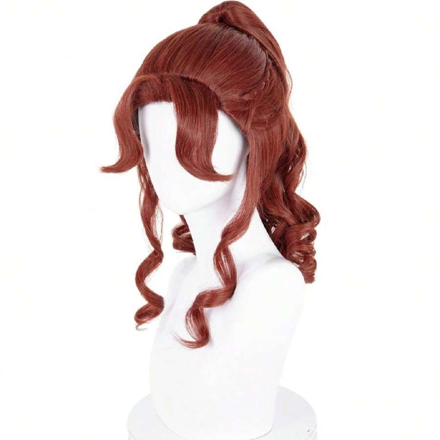 Red Brown Ponytail Wig With Bangs Long Curly Dark Brown Anime Cosplay Wig Synthetic Hair For Women Halloween Party,37994638 - 紅色 - 查看 1