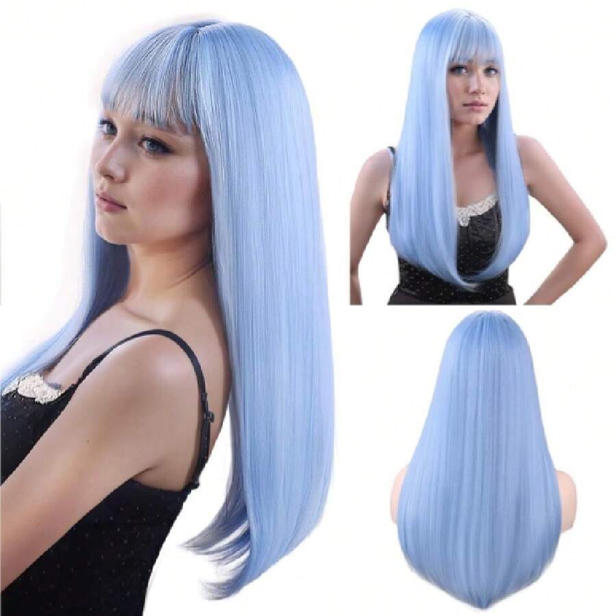 Blue Wigs With Bangs Long Straight Blue Wigs For Women Heat Resistant Synthetic Wigs Cosplay Party Halloween Daily Use 22 Inch,38045213 - Màu xanh lam - Xem 1
