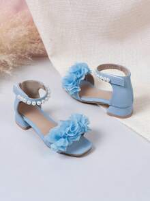 1 Pasang Sandal Putri Anak Perempuan Berhiaskan Berlian Imitasi dan Bunga, Hak Tebal, Ujung Terbuka, dengan Perekat Velcro, Cocok untuk Pertunjukan, Pemakaian Sehari-hari, dan Musim Panas - Baby Blue - View 6