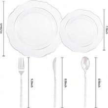150PCS Clear Silver Plastic Plates & Disposable Silver Plastic Silverware With Glitter Bamboo Handle Cutlery-Baroque Clear Disposable Plates For Wedding & Easter Day & Mother's Day-TrugenixYSN1B - 銀色 - 查看 2