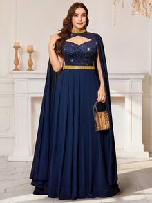 MISSMAY Elegant Sequin Floral Lace Keyhole Neck Long Sleeve Splice Gold Ribbon Ruffle Hem Chiffon Formal Party Dress, Wedding Guest Dress, Birthday, Graduation, Holiday - Navy Blue - View 1