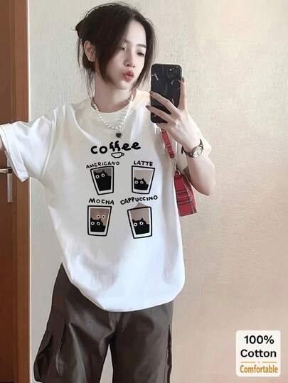 棉质咖啡图案短袖中长T恤，时尚休闲女式上衣