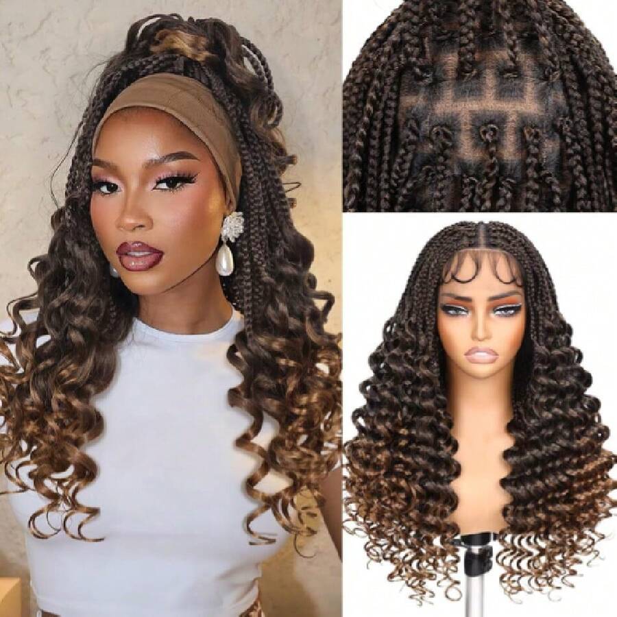 Braided Wigs For Black Women Double Full Lace Box Braided Wigs Synthetic Wavy Glueless Braid Wig With Hair 3D Curls Braided Wig 24 Inch (1B/30, Wavy-24),38059047 - 漸變金色 - 查看 1