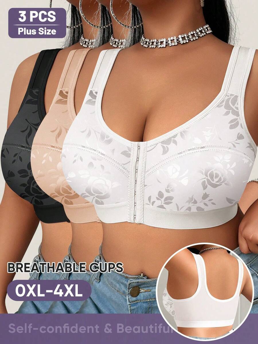 MEIYATING 3pcs/Set Women's Plus Size Front Closure Bras, Full Coverage, Soft & Breathable
