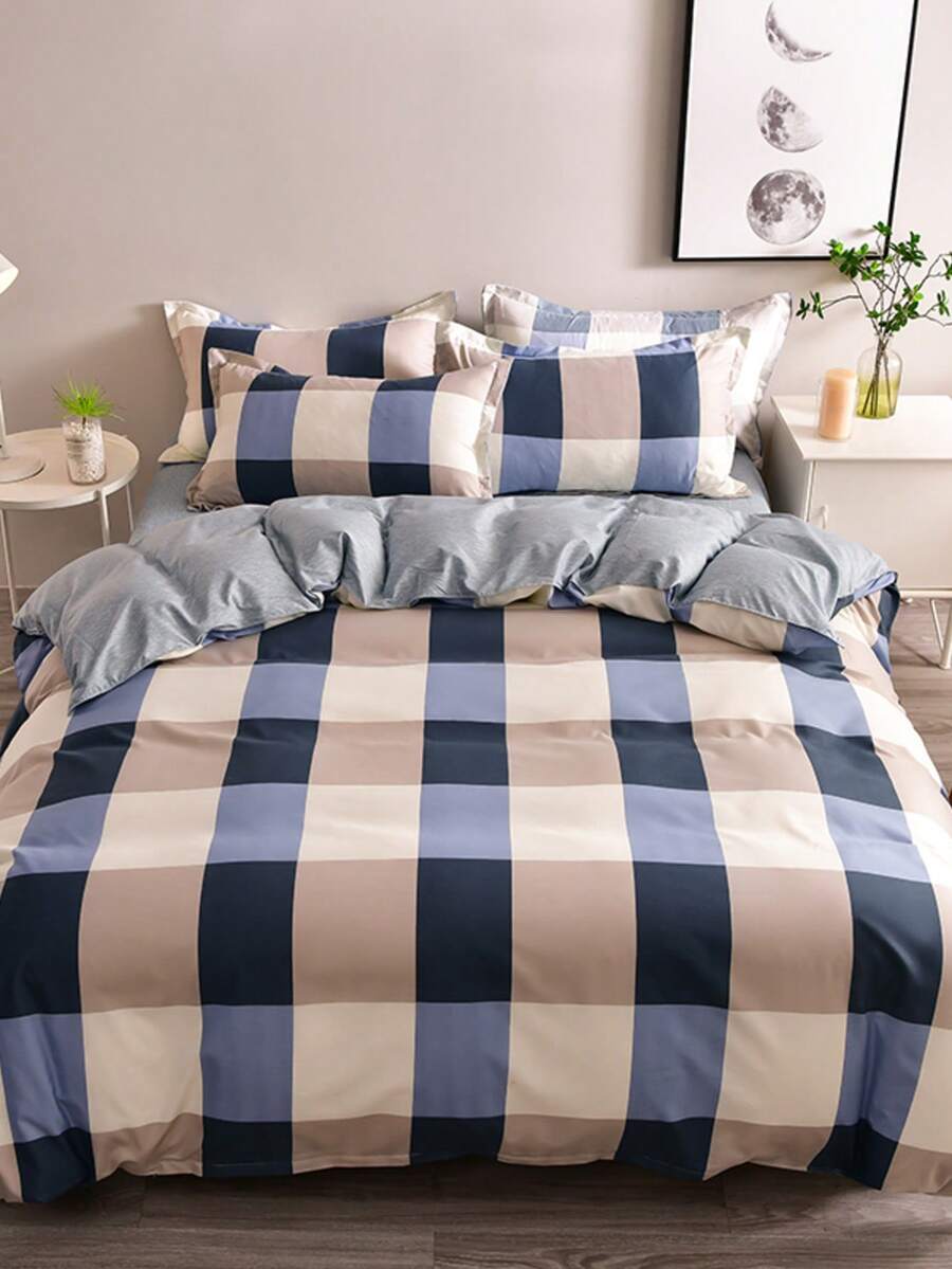 四件套格子被套，柔软舒适，透气柔软，四季皆宜。套装包含：1个被套、1个床单、2个枕套（不含填充物），适用于卧室、宿舍、家庭使用，多种尺寸可选。 - 藍色 - 查看 1