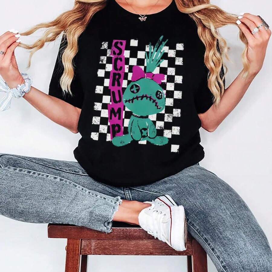 Lilo & Stitch T-Shirt, Classic Scrump Doll Punk Rock Style Shirts, Birthday Gift T-Shirt, World Shirt, Country Family Trip Shirt - 黑色 - 查看 1