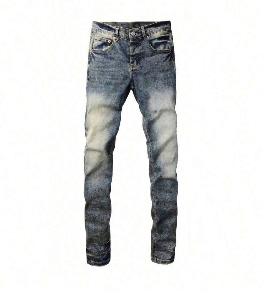 Jeans para hombres, nueva moda de calle, pantalones negros y blancos rotos con salpicaduras de pintura, pantalones de puño desgastados, moda streetwear, ajuste slim, cómodos pantalones de mezclilla elásticos para hombres, ropa casual - Azul lavado medio - Ver 1