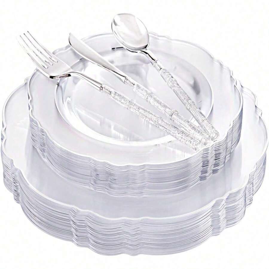 150PCS Clear Silver Plastic Plates & Disposable Silver Plastic Silverware With Glitter Bamboo Handle Cutlery-Baroque Clear Disposable Plates For Wedding & Easter Day & Mother's Day-TrugenixYSN1B - 銀色 - 查看 1