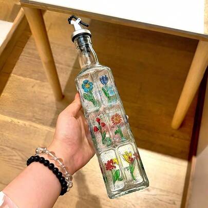 1pc/2pcs Home Kitchen Embossed Glass Oil Bottle, Household Oil Canister, Kitchen Soy Sauce And Vinegar Seasoning Bottle, 2026 New Style, Non-Oil Staining, Baroque Style