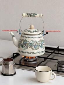 1 buc. Fierbător emailat vintage cu motive florale și mâner ceramic, multifuncțional pentru fierberea apei, cafelei, laptelui, ceaiului pe aragaz, ceai de după-amiază la birou, picnic și camping în aer liber, cadou excelent - Flori albastre - Vizualizare 10