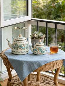 1 buc. Fierbător emailat vintage cu motive florale și mâner ceramic, multifuncțional pentru fierberea apei, cafelei, laptelui, ceaiului pe aragaz, ceai de după-amiază la birou, picnic și camping în aer liber, cadou excelent - Flori albastre - Vizualizare 9