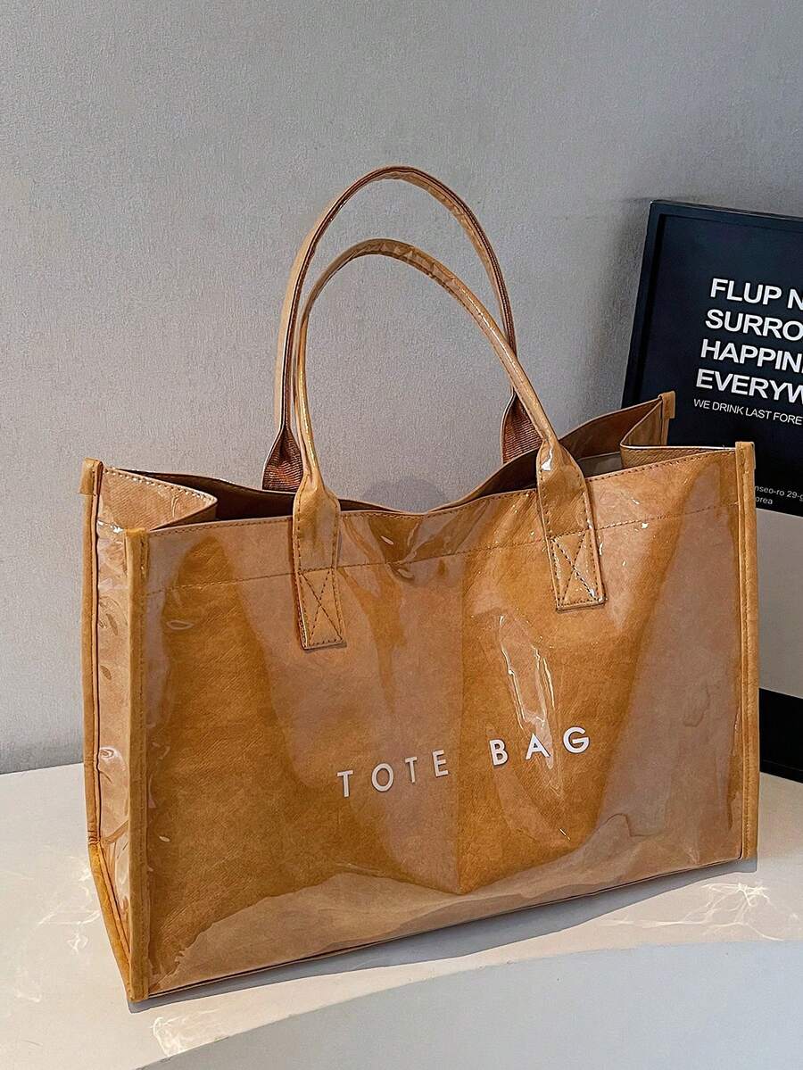 Minimalist Large Capacity Transparent Beach Tote Bag, Women Shoulder Handbag - Khaki - View 1