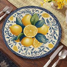2/4/6pcs Blue Lemon Pattern Linen Placemats, Everyday Round Woven Kitchen Dining Table Mats Suitable For Restaurant Decor, Party, Kitchen - Multicolor - View 2