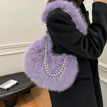 [Oferta exclusiva]Bolso cruzado de mujer con perlas y cadena de pelo suave versátil para el otoño e invierno estilo coreano - Morado - Ver 3