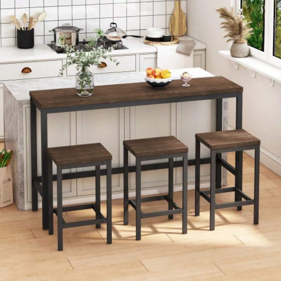 148cm Modern Design Kitchen Dining Table, Pub Table, Long Dining Table Set With 3 Stools; 148cm Modern Design Kitchen Dining Table, Pub Table, Long Dining Table Set With 3 Stools, Easy Assembly, Dark Brown - Redwood - View 1