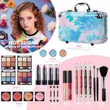 All In One  Set For Adults And Girls-Full  Kit For Beginners Includes Eye Shadow Palette Blush Lip Gloss Lipstick Lip Pencil Eye Pencil Brush Mirror (Blue Tie-Dye),38051015 - Blue - View 2