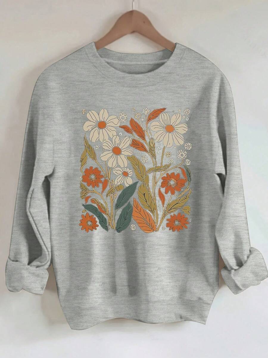 1pc BANGELY Women'S Floral Print Crew Neck Long Sleeve Sweatshirt, Cotton Blend Casual Pullover With Slight Stretch, All-Season Knit Fabric, Regular Length - 灰色 - 查看 1