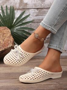 女士蝴蝶结镂空编织透气渔网平底拖鞋 - 白色 - 查看 2