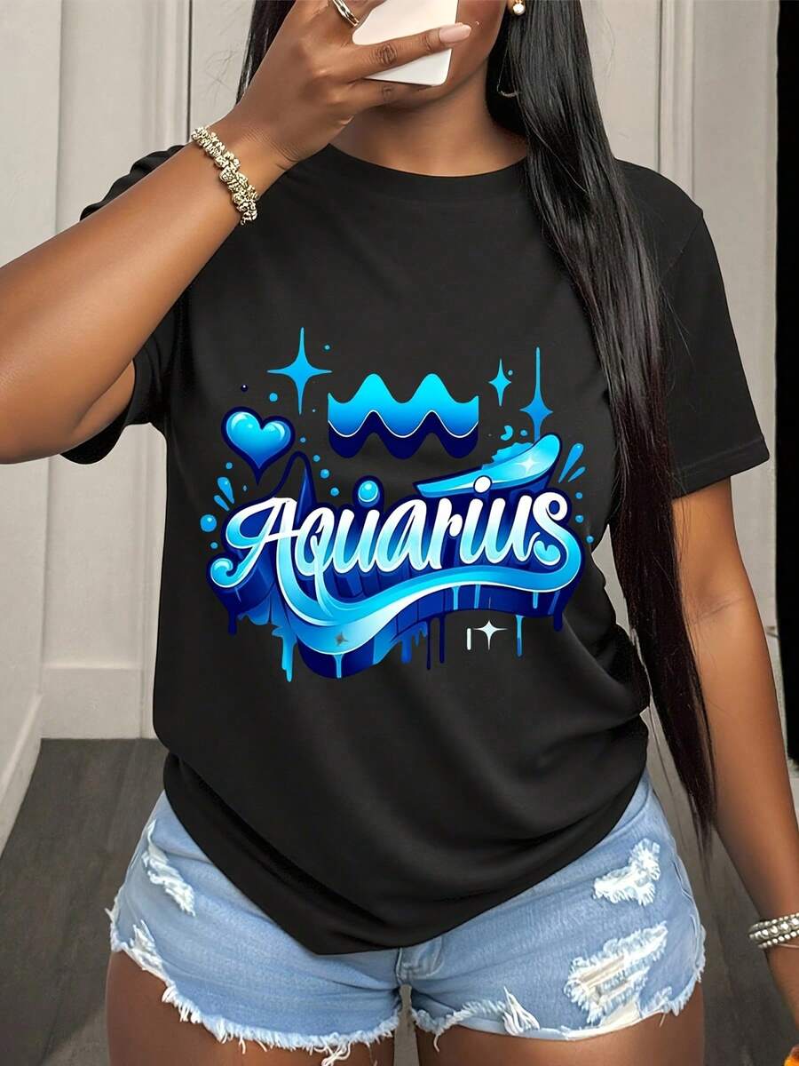 Aquarius Zodiac Sign Shirt For Women Astrology Star Sign Graphic Tee Top Cosmic Design With Blue Waves And Heart Symbol Fashion Statement Piece For Horoscope Lovers Celestial Theme Outfit Choice For Birthday Or Special Occasion Gift Idea - 黑色2 - 查看 1