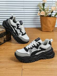 Black Thick Sole Casual Sports Chunky Sneakers, Unisex Walking Shoes, Solid Color Breathable Tennis Shoes, Suitable For Commuting, Fitness, Travel, Round Toe, Low-Top, Multifunctional, New Year, Valentine's Day Gift, Women's Athletic Shoes - White, Gray, Black Background - View 6