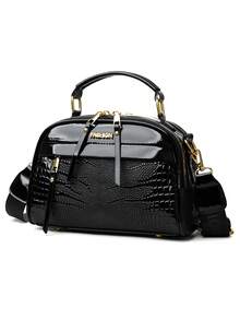 Women's Solid Color PU Adjustable Shoulder Strap Shoulder Diagonal Crossbody Bag, Crocodile Embossed Fashion Large Capacity Handbag - Black - View 5