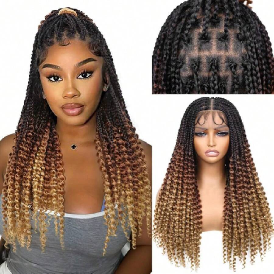 Braided Wigs For Black Women Double Full Lace Box Braided Wigs Synthetic Curly Glueless Braid Wig With Hair 3D Curls Braided Wig 24 Inch (1B/30/27, Curly-24),38059041 - 挑染綠色 - 查看 1