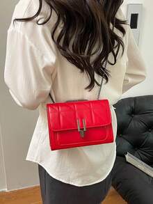 Dedoo Elegant Women's Shoulder Bag With Chain Strap, Quilted PU Leather Crossbody Bag, Luxury Simple Underarm Messenger Bag With Zipper Closure, Plaid Pattern, Hand Washable - Polyester Lined - Red - View 5