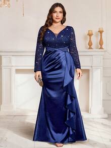 MISSMAY Plus Size Deep V-Neck Sequin Floral Lace Contrast Satin Ruffle Mermaid Hem Formal Party Maxi Dress, Suitable For Valentine's Day, Prom, Wedding Guest, Birthday, Graduation Ceremony, Gala Dinner, Homecoming And Other Occasions - Navy Blue - View 1