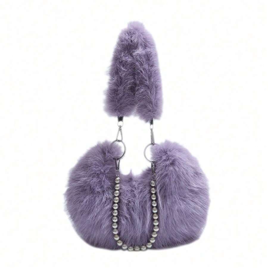 [Oferta exclusiva]Bolso cruzado de mujer con perlas y cadena de pelo suave versátil para el otoño e invierno estilo coreano - Morado - Ver 1