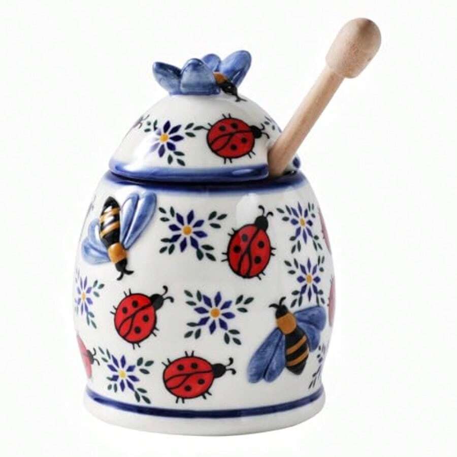 ZOOBEE Ceramic Honey Pots With Dipper And Lid Farmhouse Style10oz Honey Jar With Dipper Handpainted Honey Jars With Bees Easily Wash-Deep Love - 夏夜瓢蟲 - 查看 1