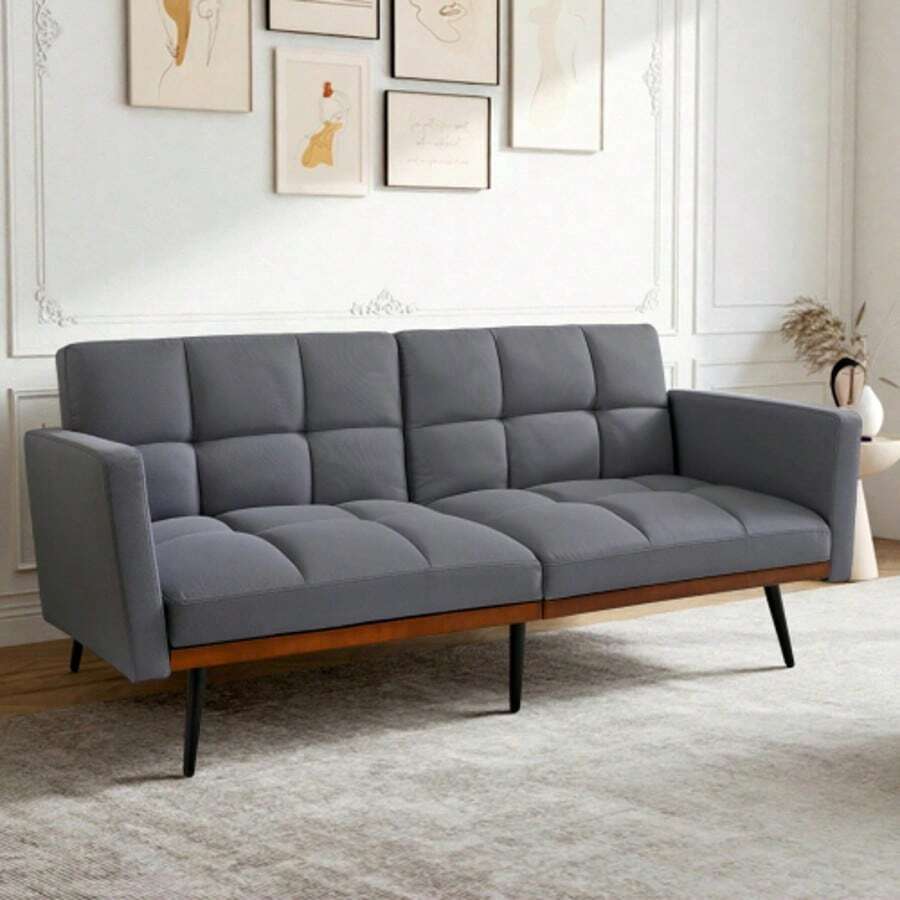 Mid-Century Modern Futon Sofa Bed In Linen Blend, 146 Cm Wide, 5-Position Adjustable Backrest And Fixed Armrests, Metal Legs, Grey - 灰色 - 查看 1
