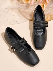 Chaussures vintage de style "Babies" en France, bout carré  enrobé noir, boucle métallique sur la bride, élégantes et polyvalentes, semelle souple, mode et confort pour un port toute la journée en été, chaussures plates pour femmes, neuves, simples, style décontracté Glissant, double bride brillante avec boucle, convient pour les cadeaux de la Saint-Valentin, de la Fête des Mères, mariages, fêtes, tenue de bureau (la taille est petite, les chaussures sont étroites, il est recommandé de commander une taille au-dessus) - Noir - Voir 3