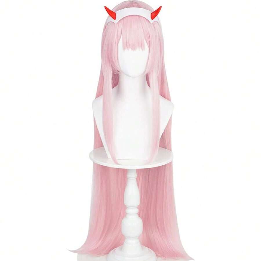 Zero Two 02 Cosplay Wig + Horn Headband, 39'' Wigs Cosplay Wigs For Women Wig Install Kit Long Straight Pink Anime Wig With Bangs Pastel Pink Wigs For Women Halloween Party,38046572 - 粉色 - 查看 1