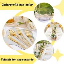 150PCS Clear Silver Plastic Plates & Disposable Silver Plastic Silverware With Glitter Bamboo Handle Cutlery-Baroque Clear Disposable Plates For Wedding & Easter Day & Mother's Day-TrugenixYSN1B - 金色 - 查看 2