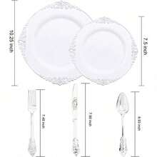 150PCS Clear Silver Plastic Plates & Disposable Silver Plastic Silverware With Glitter Bamboo Handle Cutlery-Baroque Clear Disposable Plates For Wedding & Easter Day & Mother's Day-TrugenixYSN1B - 銀色 - 查看 9