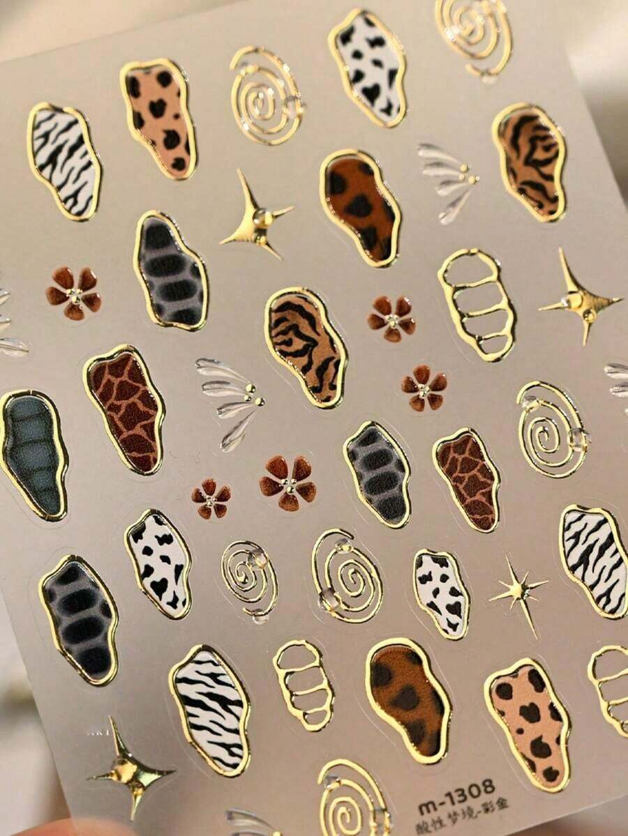 1pc French Leopard Print Colorful Gold Jelly Butterfly Wing Asymmetrical Geometric Nail Sticker, 5D Nail Art Sticker, & Charming, Suitable For Women's Unique DIY Manicure Nail Supplies Nails Nail Stickers - Nhiều màu - Xem 1