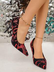 Teens' Color Block Graffiti High Heel Pointed Toe Low Vamp Party/Work Pumps - Red - View 2