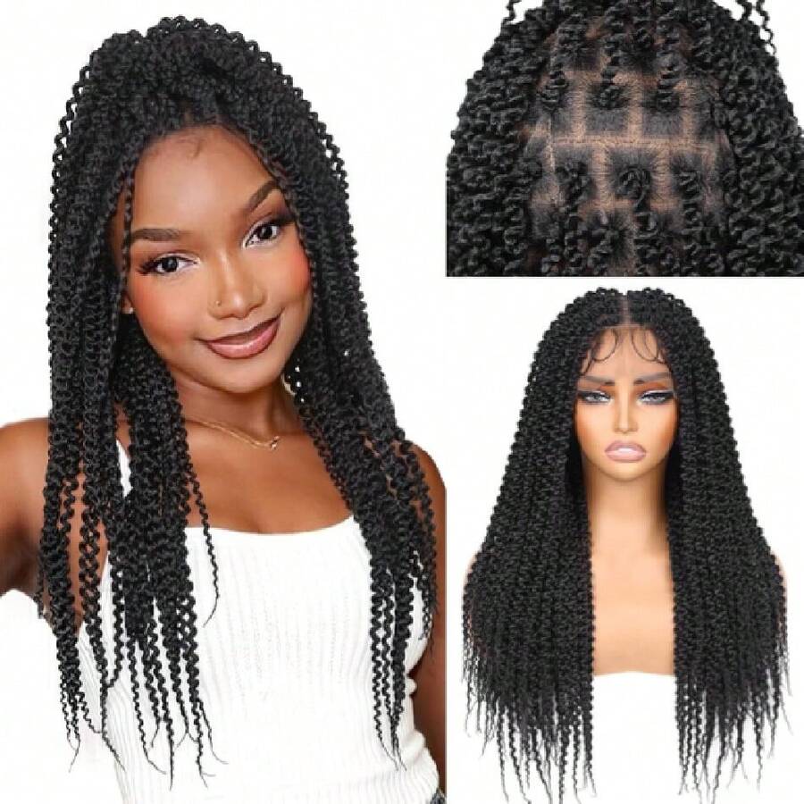 Braided Twisted Wigs For Black Women Double Full Lace Box Braided Twist Wigs Synthetic Glueless Braid Wig With Hair Tight Twists Coils 24 Inch (1B, Twisted-24),38059044 - 西瓜粉 - 查看 1