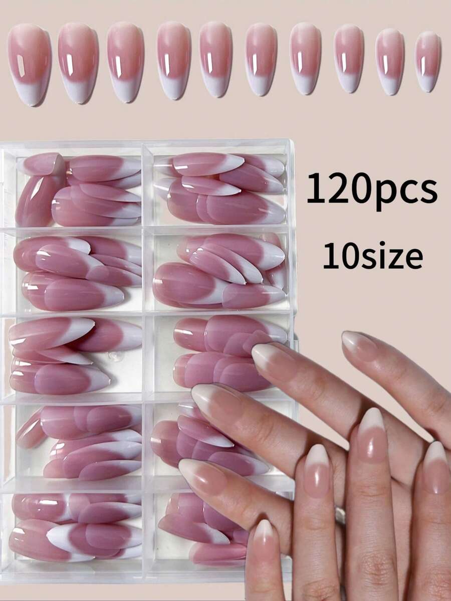 120pcs Medium-Long Almond-Shaped French Manicure Nail Stickers, Ombre Nude & Beige Minimalist Acrylic False Nails, Suitable For DIY Nail Art - Multicolor - View 1