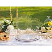 150PCS Clear Silver Plastic Plates & Disposable Silver Plastic Silverware With Glitter Bamboo Handle Cutlery-Baroque Clear Disposable Plates For Wedding & Easter Day & Mother's Day-TrugenixYSN1B - 金色 - 查看 7