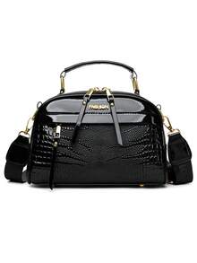 Women's Solid Color PU Adjustable Shoulder Strap Shoulder Diagonal Crossbody Bag, Crocodile Embossed Fashion Large Capacity Handbag - Black - View 4