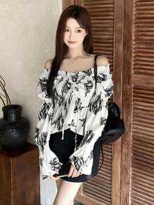 1pc Women's Off-Shoulder Blouse, Unique Design, Long Sleeve, Tops Vacation Spring White - White - View 1