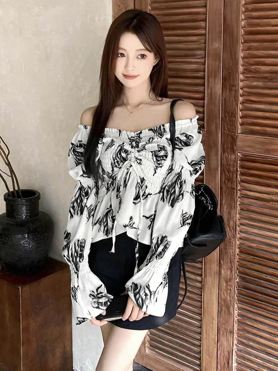 1pc Women's Off-Shoulder Blouse, Unique Design, Long Sleeve, Tops Vacation Spring White - White - View 1