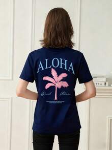 Summer Women's Basic Loose Fit Crew Neck T-Shirt Short Sleeve Casual All Match Daily Wear Top - Navy Blue - View 2