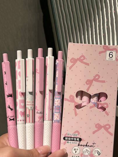 6pcs/Set Pink Bow Tie Gel Pens, 0.5mm Fine Tip, Smooth Writing, Suitable For Office, Classroom, Teens, Adults, Home, Office, Education, Classroom, Writing, Special Purpose Writing Pens, Applicable For Exams, Gel Pens, Ballpoint Pen Sets, Holiday Stationery Gifts, Classroom Supplies, Children's Valentine's Day Gifts, Black Ink Ballpoint Pens, Fountain Pens, Stationery, Bow Tie, Back To School