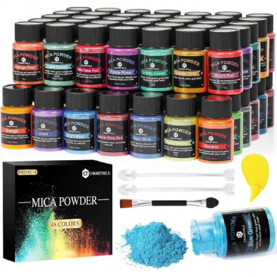 Mica Powder,48 Colors - 10g/Bottle Of Natural Pigment Powder For Epoxy Resin,Soap Making,Candle Making,Lip Gloss,Car Freshies,Dye,Nail Polish,Bath Bombs,38027106 - 彩色 - 查看 1