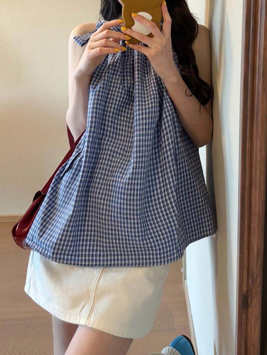 2025夏季新款女士无袖格子吊带背心 - 藍色 - 查看 1