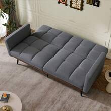 Mid-Century Modern Futon Sofa Bed In Linen Blend, 146 Cm Wide, 5-Position Adjustable Backrest And Fixed Armrests, Metal Legs, Grey - 灰色 - 查看 2